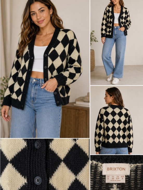 Brixton Sweaters - Brixton Black Cream Argyle Cardigan Sweater Button Front Cozy S